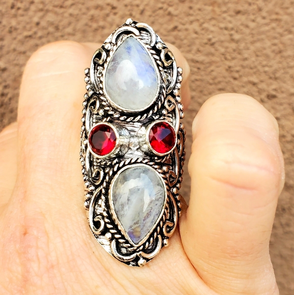New Rainbow Moonstone & Garnet 925 Silver Statement Ring. - Picture 14 of 14